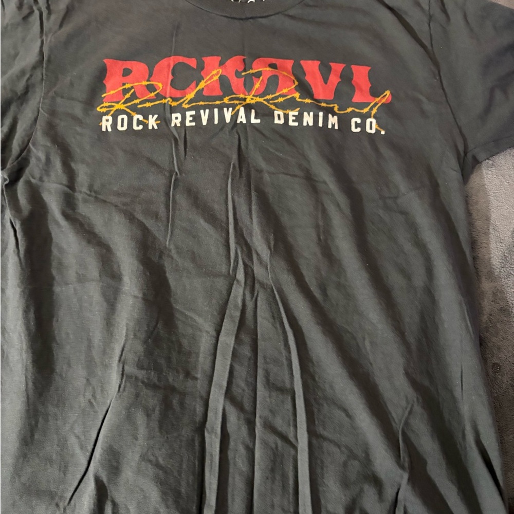 Rock Revival Black Tee with Red and Yellow Logo